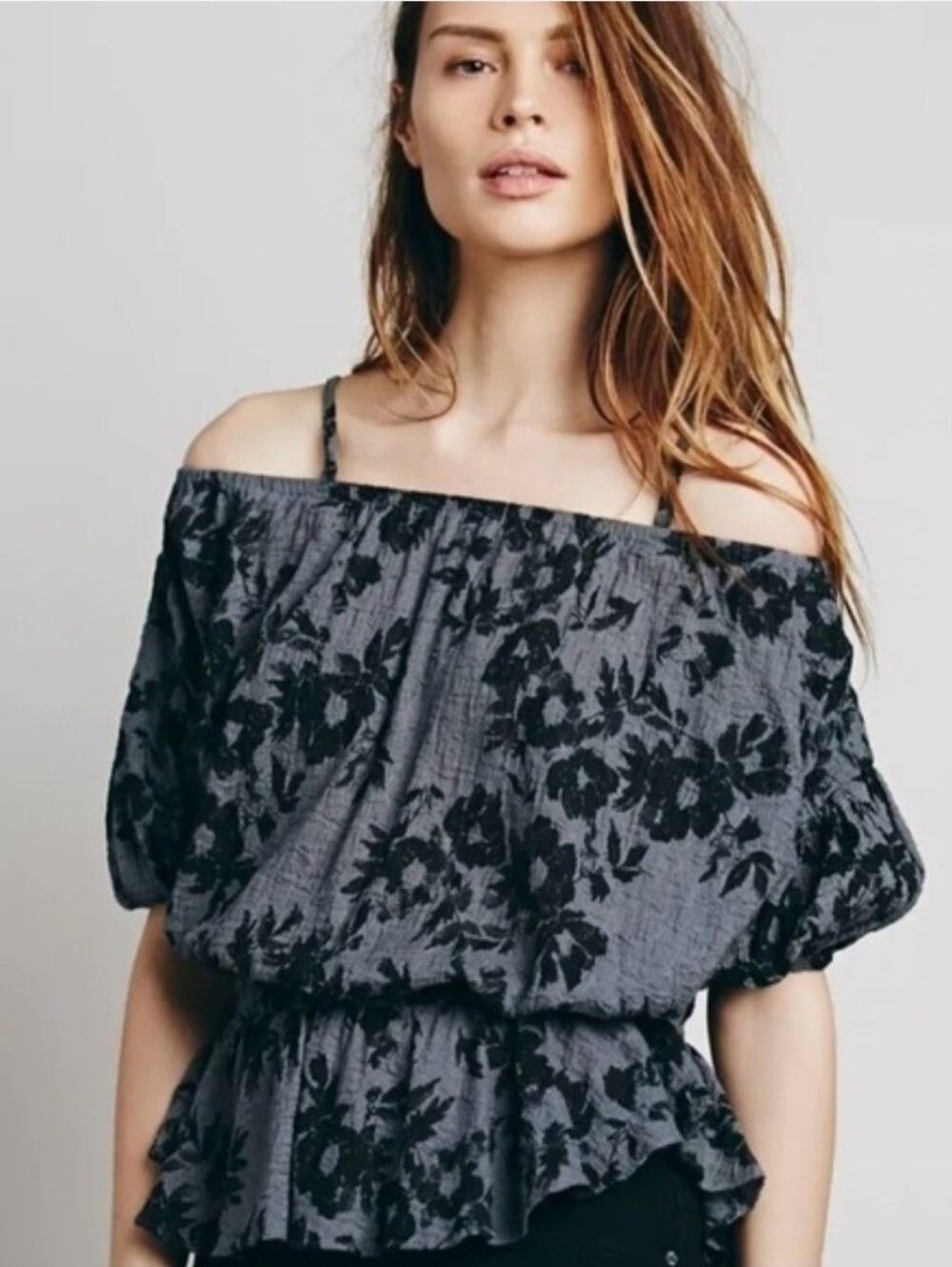 Free People Cold Shoulder Floral Smocked Peplum Blouse Size Medium Boho Top Grey